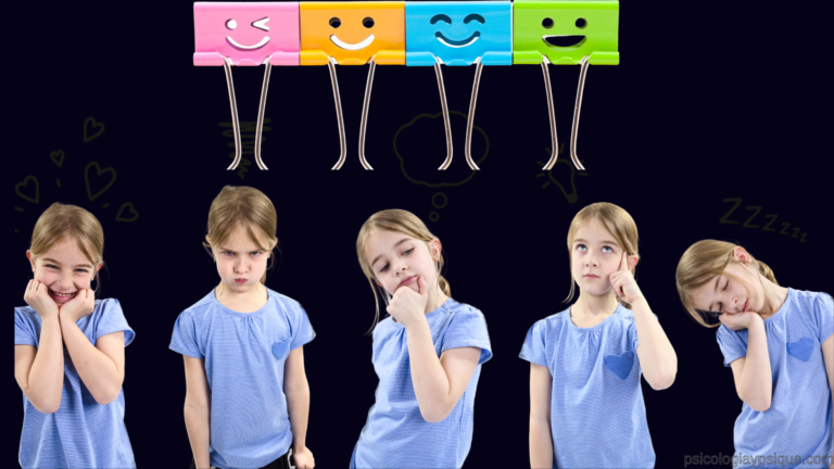Niña mostrando diferentes emociones como alegría, enojo, tristeza, pensamiento y cansancio, representando qué son las emociones y cómo se expresan en la vida diaria.