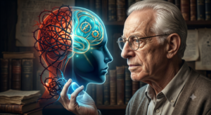 El psicólogo Albert Ellis observando una representación del cerebro que muestra el paso del pensamiento irracional a la claridad mediante la terapia de albert ellis