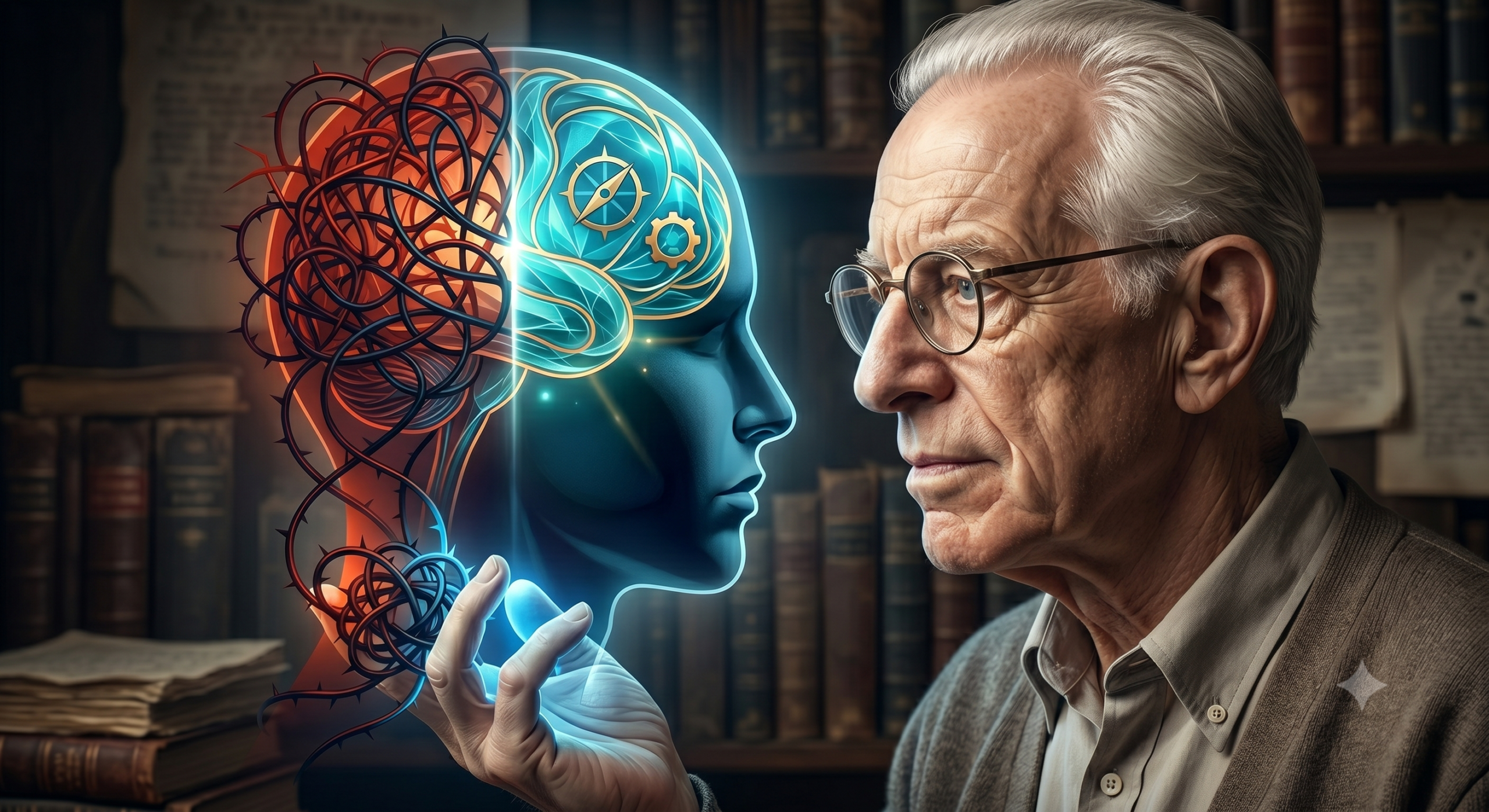 El psicólogo Albert Ellis observando una representación del cerebro que muestra el paso del pensamiento irracional a la claridad mediante la terapia de albert ellis