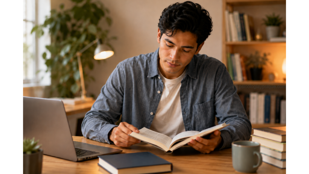 Hombre leyendo un libro en un espacio de estudio tranquilo, representando el hábito de evitar estudiar solo leyendo y la importancia de aplicar técnicas de estudio activo.