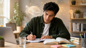 Joven estudiando en un espacio tranquilo con libros, laptop y apuntes, representando hábitos de estudio basados en el cerebro, concentración, memoria y aprendizaje.