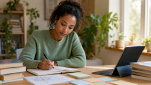 Mujer estudiando en un espacio tranquilo, representando la relación entre memoria, aprendizaje, concentración y conexiones neuronales.