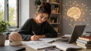 Persona estudiando en un ambiente tranquilo con elementos visuales del cerebro, representando la neuroeducación, el aprendizaje, la memoria y la atención.