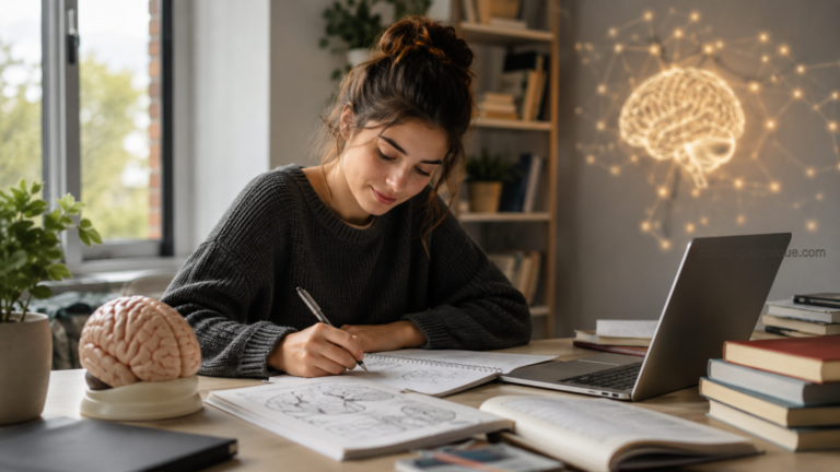 Persona estudiando en un ambiente tranquilo con elementos visuales del cerebro, representando la neuroeducación, el aprendizaje, la memoria y la atención.