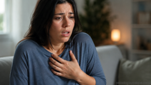 mujer con ansiedad sujetando el pecho durante un ataque de pánico en casa