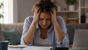 Mujer estresada con las manos en la cabeza trabajando frente a papeles y laptop, reflejando el impacto del estrés en el cerebro