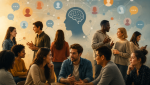 Interacción social entre personas en grupo mostrando cómo la psicología social influye en el comportamiento humano en la vida cotidiana
