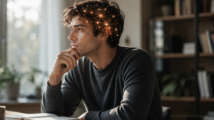 Persona reflexionando en un ambiente de estudio con conexiones neuronales iluminadas sobre la cabeza, representando cómo funciona la memoria en el cerebro.