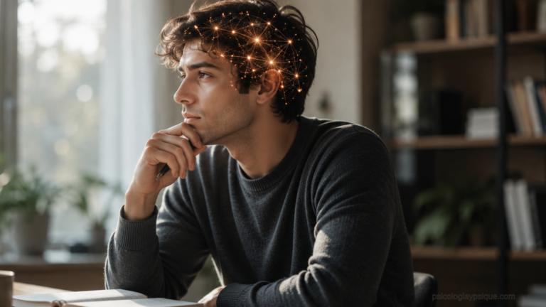 Persona reflexionando en un ambiente de estudio con conexiones neuronales iluminadas sobre la cabeza, representando cómo funciona la memoria en el cerebro.