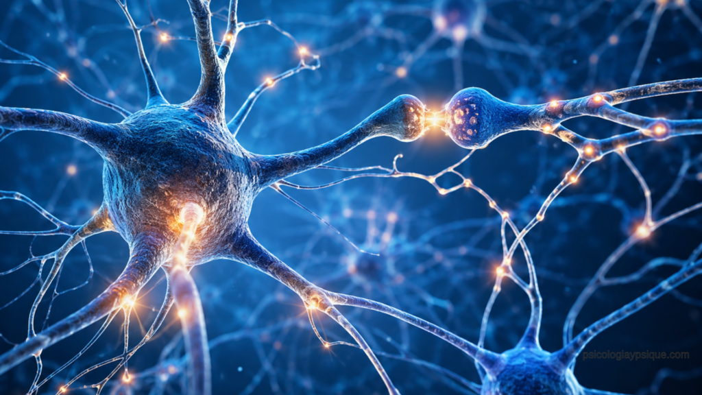 Conexiones neuronales activándose en el cerebro, representando la relación entre memoria, aprendizaje y neuroplasticidad cerebral.