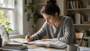 Mujer concentrada estudiando en casa con libros y laptop, representando cómo mejorar la concentración al estudiar.