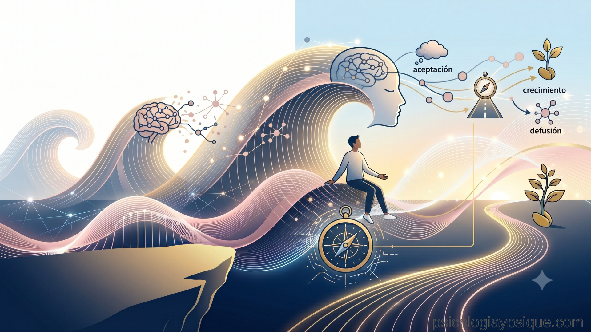 Ilustración sobre las tres olas de la terapia de conducta, mostrando la evolución de la reestructuración cognitiva hacia la aceptación y defusión en la psicología clínica.