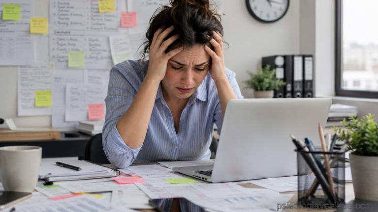 Mujer con estrés laboral trabajando en oficina desordenada, mostrando ansiedad, agotamiento mental y presión laboral