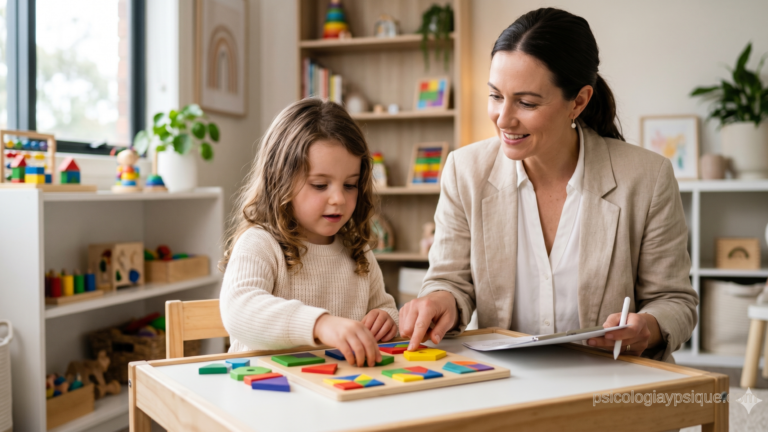 Psicóloga clínica realizando una evaluación del desarrollo cognitivo infantil a una niña mediante un rompecabezas geométrico en un consultorio cálido y profesional.
