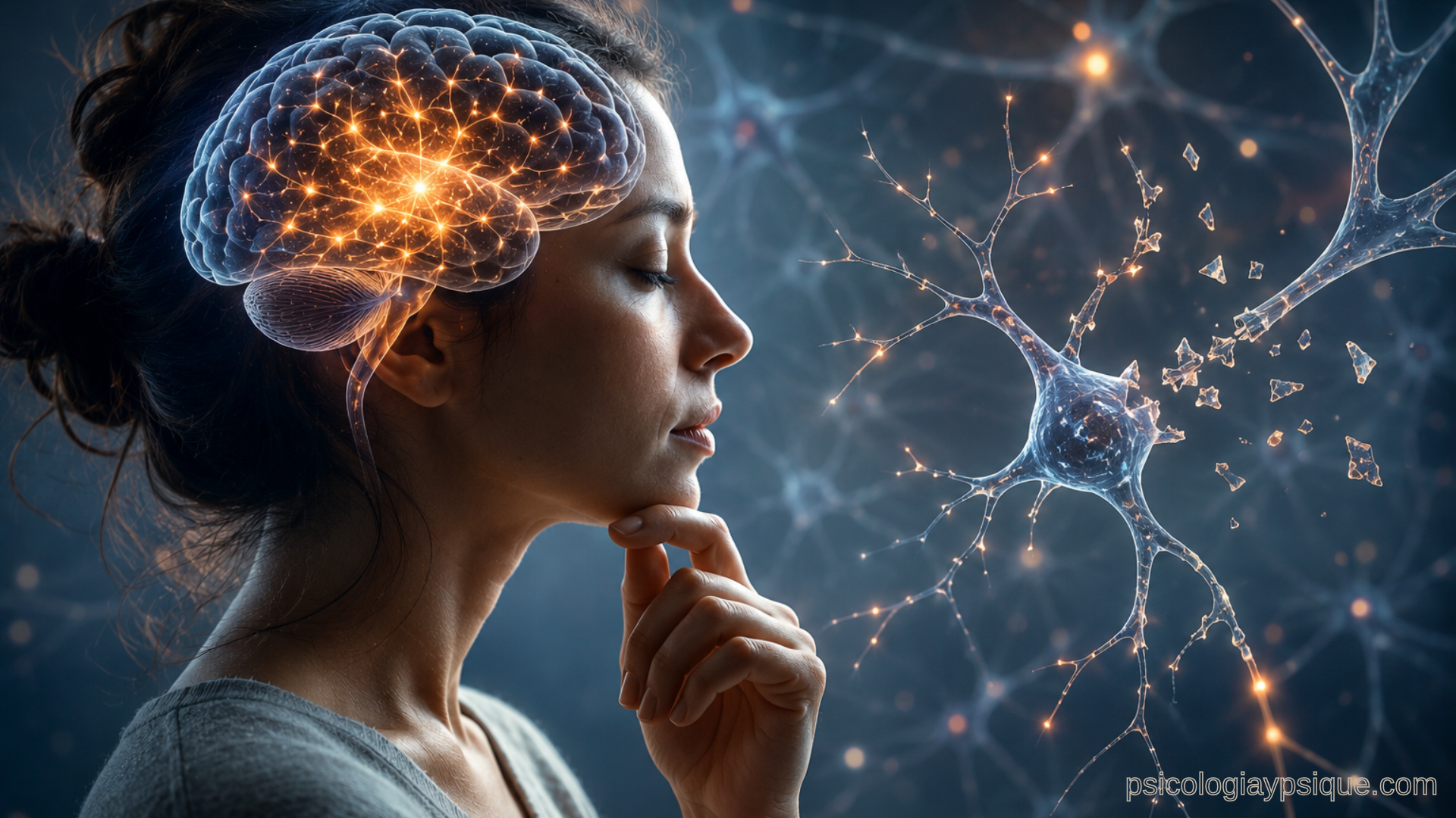 Persona pensativa con representación visual de conexiones neuronales en el cerebro, ilustrando el proceso de poda neuronal.