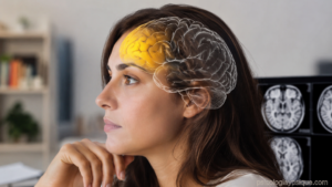 Mujer en perfil pensando con ilustración de la corteza prefrontal resaltada en el cerebro, representando la toma de decisiones y el control emocional.