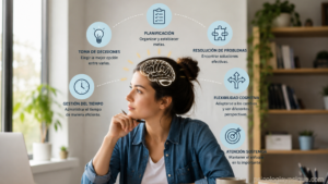 Representación visual de las funciones ejecutivas del cerebro en una mujer, destacando procesos cognitivos como atención sostenida, memoria de trabajo, planificación y control de impulsos.