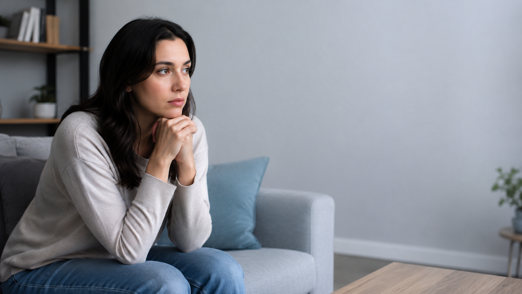 Mujer joven sentada en un sofá con postura tensa y expresión preocupada, representando de forma sutil la experiencia de la ansiedad en un entorno cotidiano.