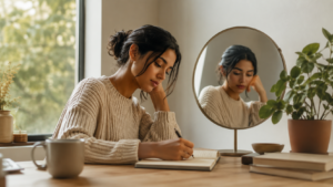 Mujer escribiendo en su diario junto a un espejo, reflexionando sobre su autoconocimiento