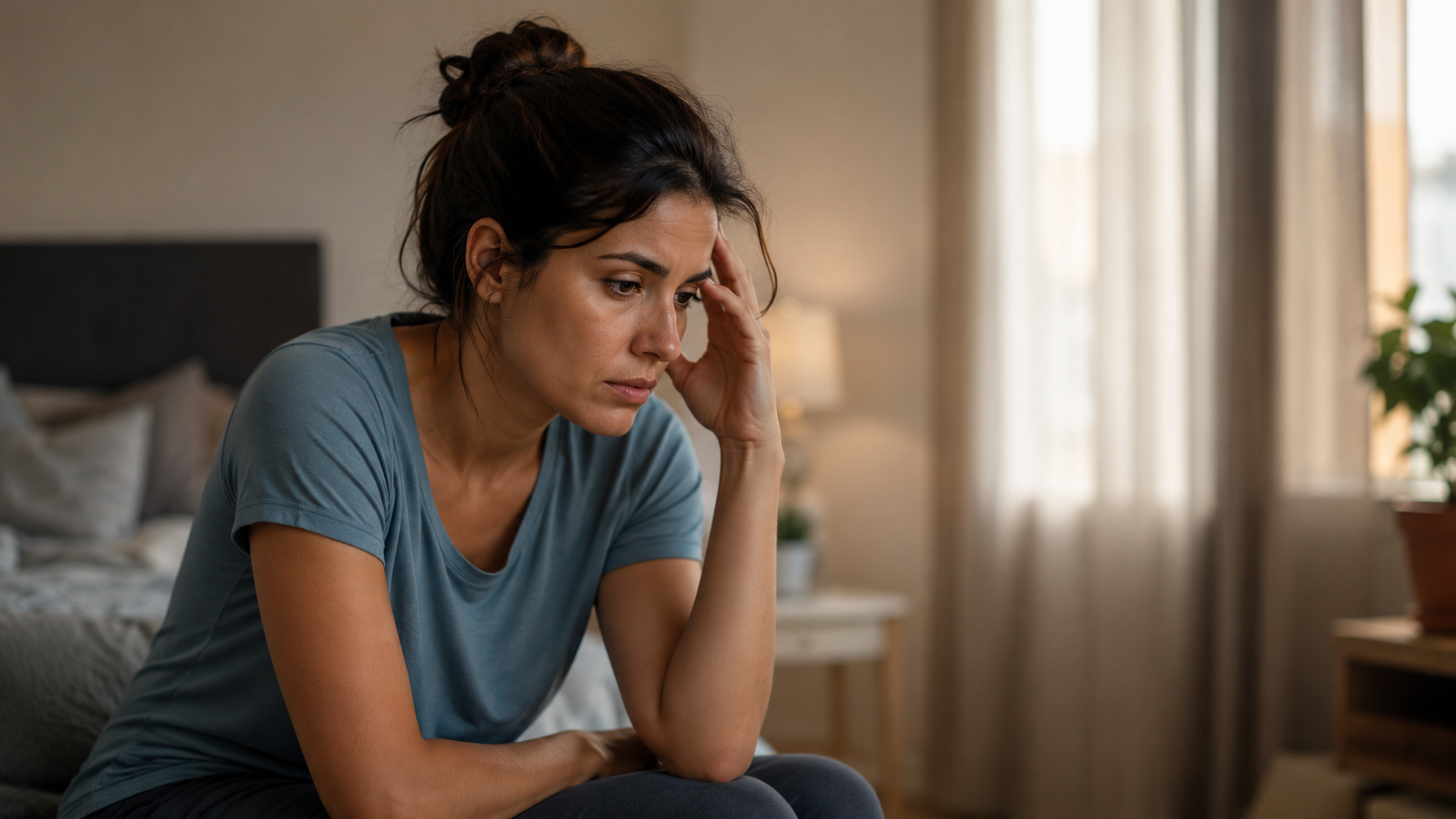 Mujer sentada en su dormitorio con expresión preocupada, reflejando pensamientos repetitivos y rumiación mental.