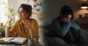 Mujer en dos estados de ánimo contrastantes: enérgica y entusiasmada en un ambiente iluminado, y luego triste y agotada en una habitación oscura, representando los episodios del trastorno bipolar.