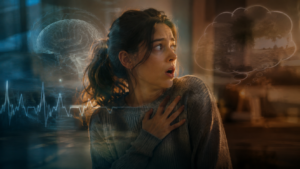 Persona en un momento de reacción emocional con superposiciones simbólicas del corazón, el cerebro y el pensamiento, representando las teorías científicas de la emoción