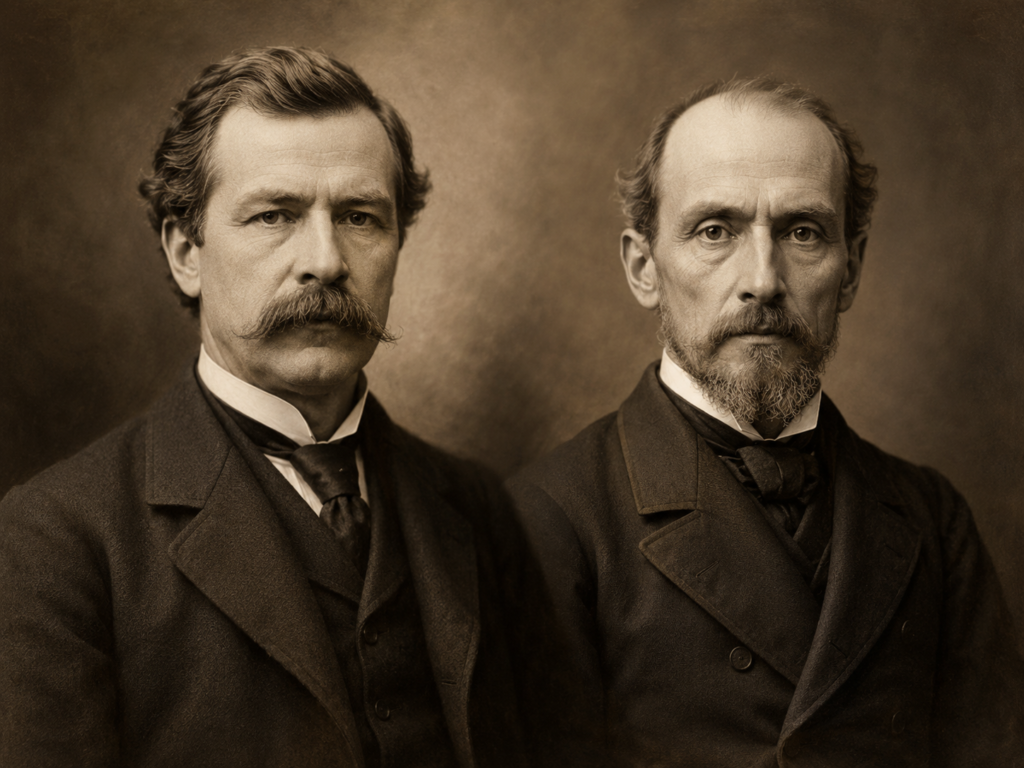 Ilustración conceptual de dos científicos del siglo XIX, representando a los autores de la teoría de James-Lange