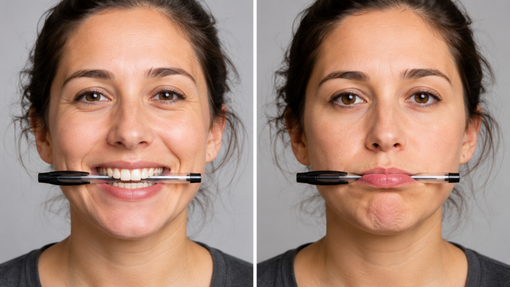 Comparación del experimento del lápiz en los dientes y en los labios, usado para estudiar la teoría del feedback facial