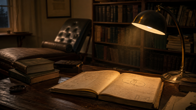 Escritorio académico con cuaderno de investigación y diván de psicoanálisis al fondo, representando la transición de la psicología social experimental hacia el psicoanálisis