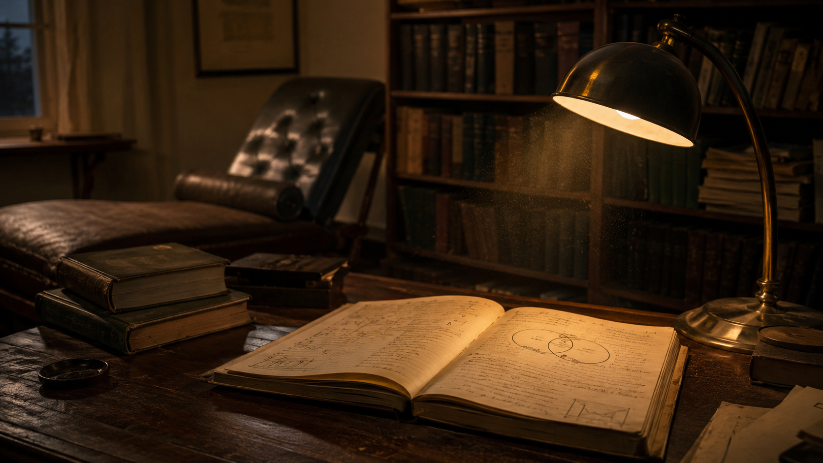Escritorio académico con cuaderno de investigación y diván de psicoanálisis al fondo, representando la transición de la psicología social experimental hacia el psicoanálisis