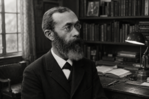 Retrato en blanco y negro de Wilhelm Wundt sentado en un estudio académico, rodeado de libros y materiales de trabajo, con expresión reflexiva.