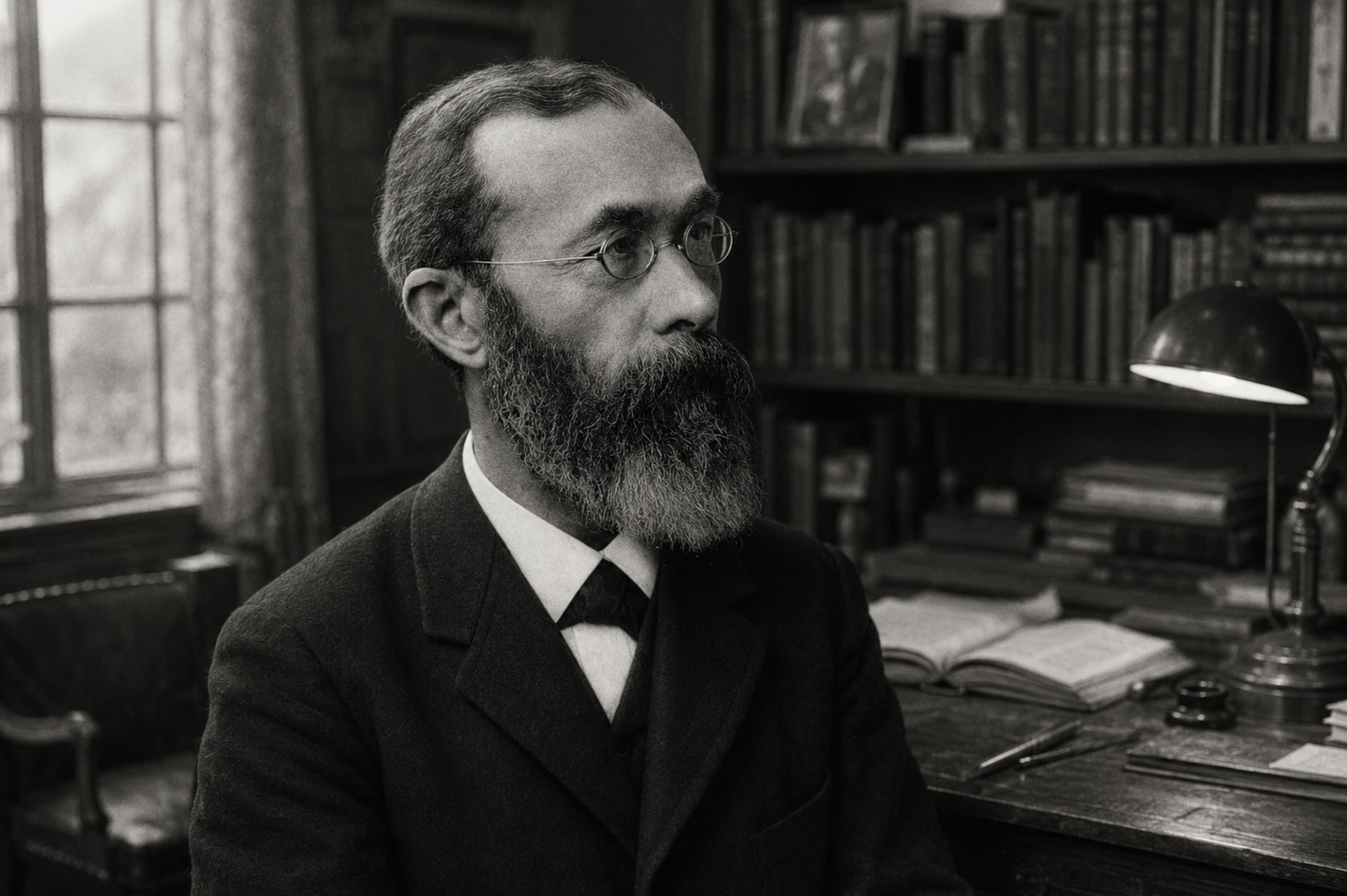 Retrato en blanco y negro de Wilhelm Wundt sentado en un estudio académico, rodeado de libros y materiales de trabajo, con expresión reflexiva.