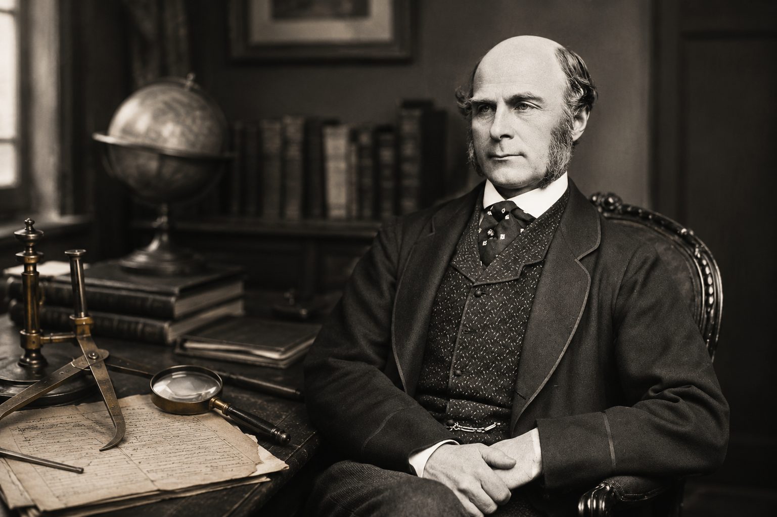 Retrato histórico de Francis Galton sentado en un estudio del siglo XIX, rodeado de libros, instrumentos de medición y documentos de investigación.