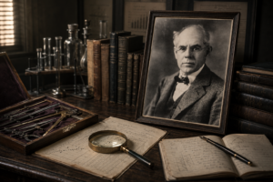 Retrato de James McKeen Cattell en un estudio de principios del siglo XX, rodeado de libros, instrumentos de medición y documentos de investigación psicológica.