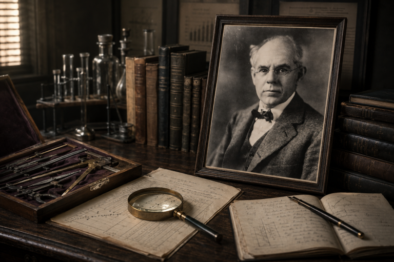 Retrato de James McKeen Cattell en un estudio de principios del siglo XX, rodeado de libros, instrumentos de medición y documentos de investigación psicológica.