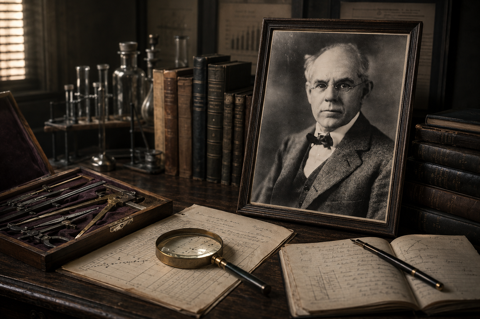 Retrato de James McKeen Cattell en un estudio de principios del siglo XX, rodeado de libros, instrumentos de medición y documentos de investigación psicológica.