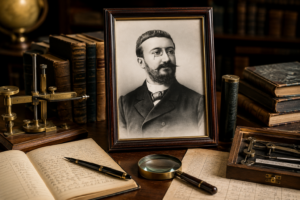 Retrato enmarcado de Alfred Binet en un estudio histórico, rodeado de libros, instrumentos de medición y documentos de investigación psicológica.