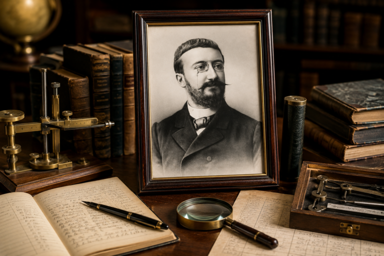 Retrato enmarcado de Alfred Binet en un estudio histórico, rodeado de libros, instrumentos de medición y documentos de investigación psicológica.