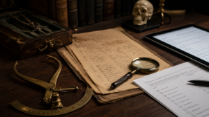 Instrumentos antiguos de medición junto a herramientas modernas de evaluación, representando la historia de la psicometría a través del tiempo