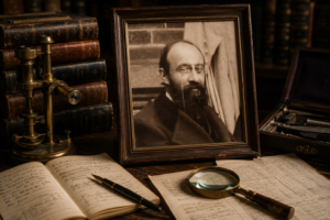 Retrato de Théodore Simon en un estudio histórico, rodeado de libros, instrumentos de medición y documentos de investigación sobre psicometría.