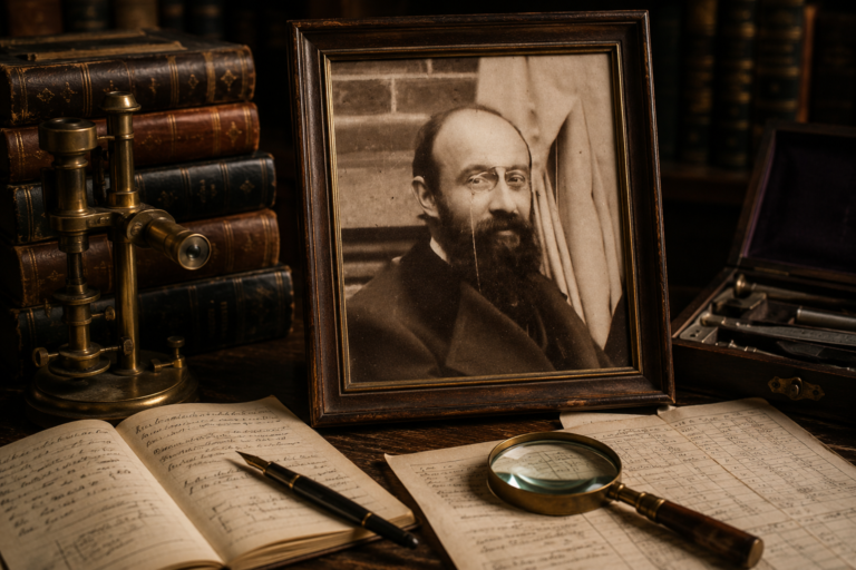 Retrato de Théodore Simon en un estudio histórico, rodeado de libros, instrumentos de medición y documentos de investigación sobre psicometría.