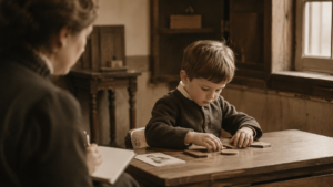 Niño resolviendo una tarea sencilla en un aula de principios del siglo XX, representando el método original del primer test de inteligencia