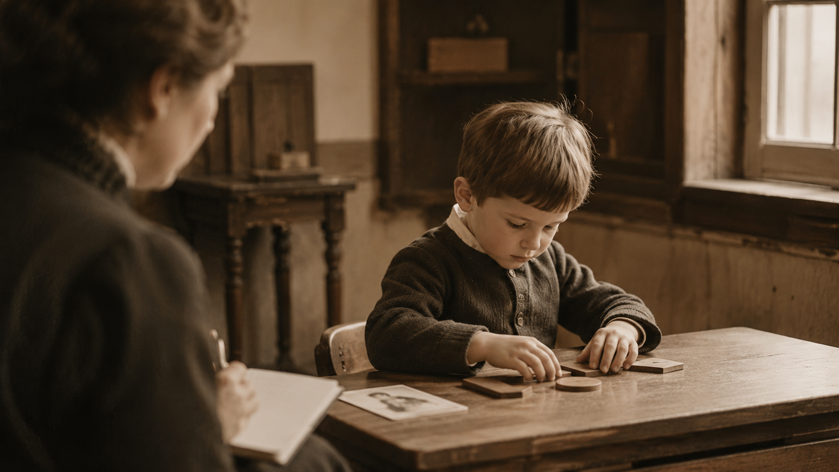 Niño resolviendo una tarea sencilla en un aula de principios del siglo XX, representando el método original del primer test de inteligencia
