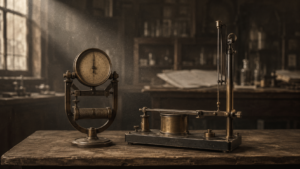 Instrumentos antiguos de medición como el dinamómetro, representando los primeros tests mentales fallidos de la psicometría