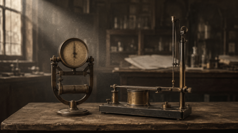 Instrumentos antiguos de medición como el dinamómetro, representando los primeros tests mentales fallidos de la psicometría