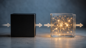 Caja conceptual mostrando el paso del conductismo (caja negra) a la psicología cognitiva (procesos mentales visibles), representando la revolución cognitiva