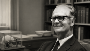Retrato de B. F. Skinner en su oficina académica, junto a una caja de condicionamiento operante, representando sus aportes al conductismo y al estudio del aprendizaje.