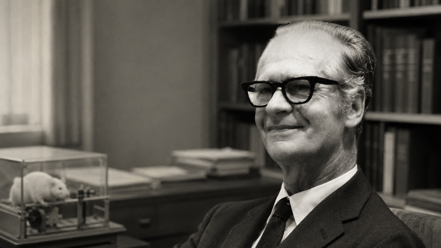 Retrato de B. F. Skinner en su oficina académica, junto a una caja de condicionamiento operante, representando sus aportes al conductismo y al estudio del aprendizaje.