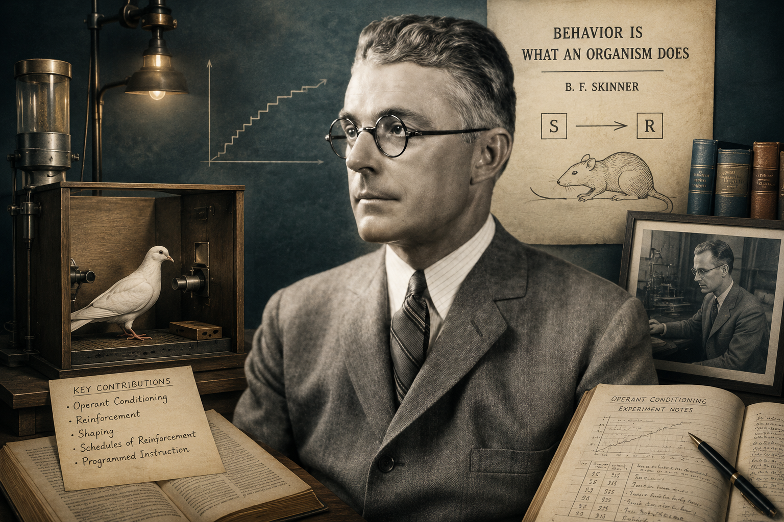 Retrato de **John B. Watson** en una composición histórica sobre el conductismo, acompañado de instrumentos de laboratorio, una cámara experimental y materiales de investigación psicológica.