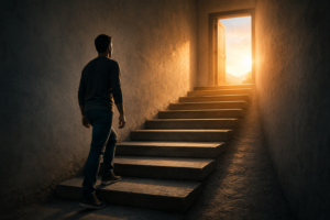 Tienes razón. Debe mencionar directamente el concepto: **Escalones de piedra que conducen hacia una salida luminosa, simbolizando la terapia de exposición gradual y el avance progresivo para superar el miedo.**